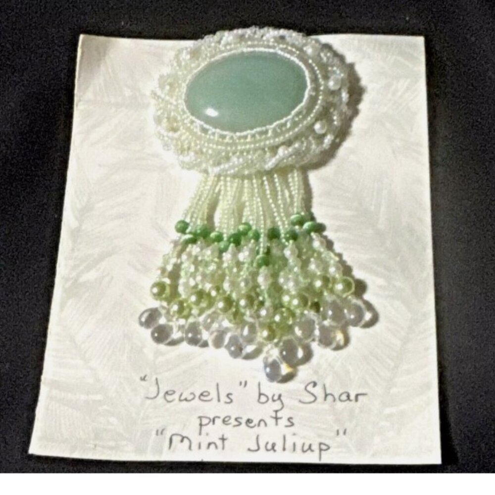 Adventurine cabochon, Swarovski crystals handmade brooch pin 4.5" long